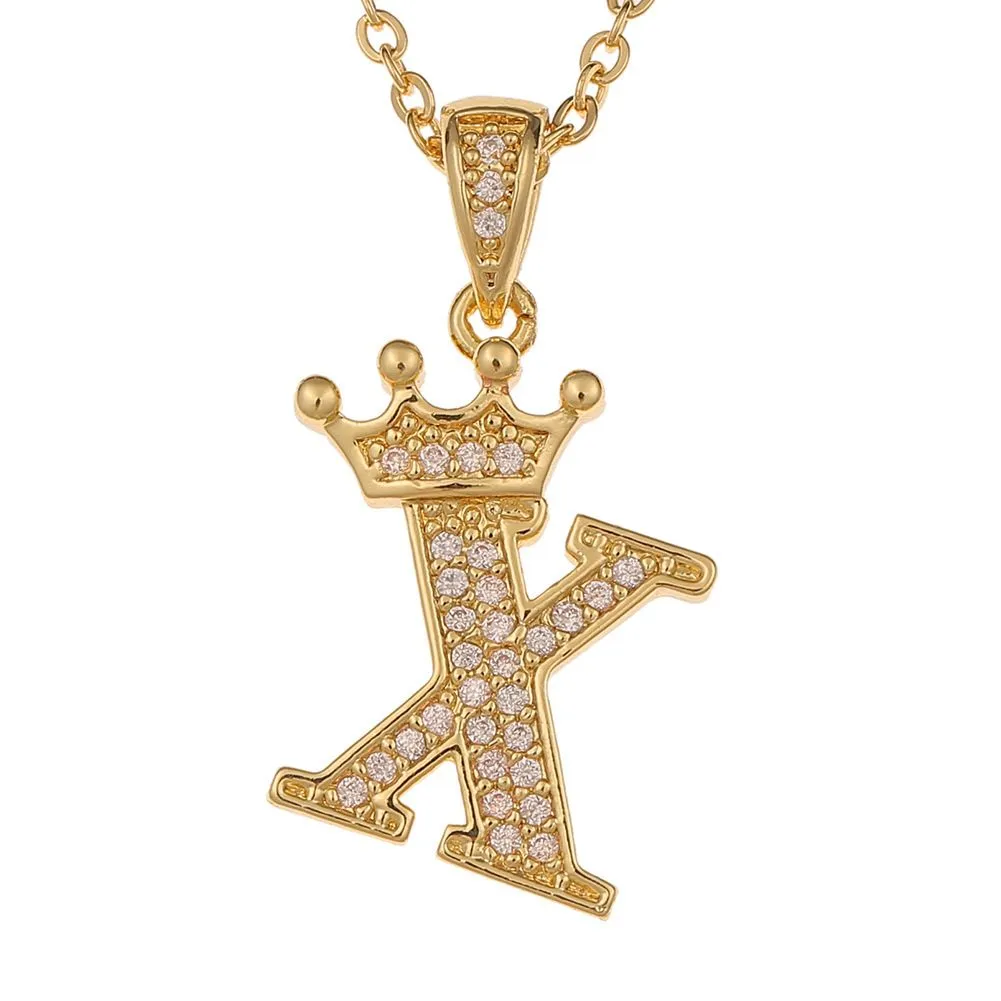 Crown Letters Full Diamond Pendant Necklace for Women Crown Rhinestone - X - Gold
