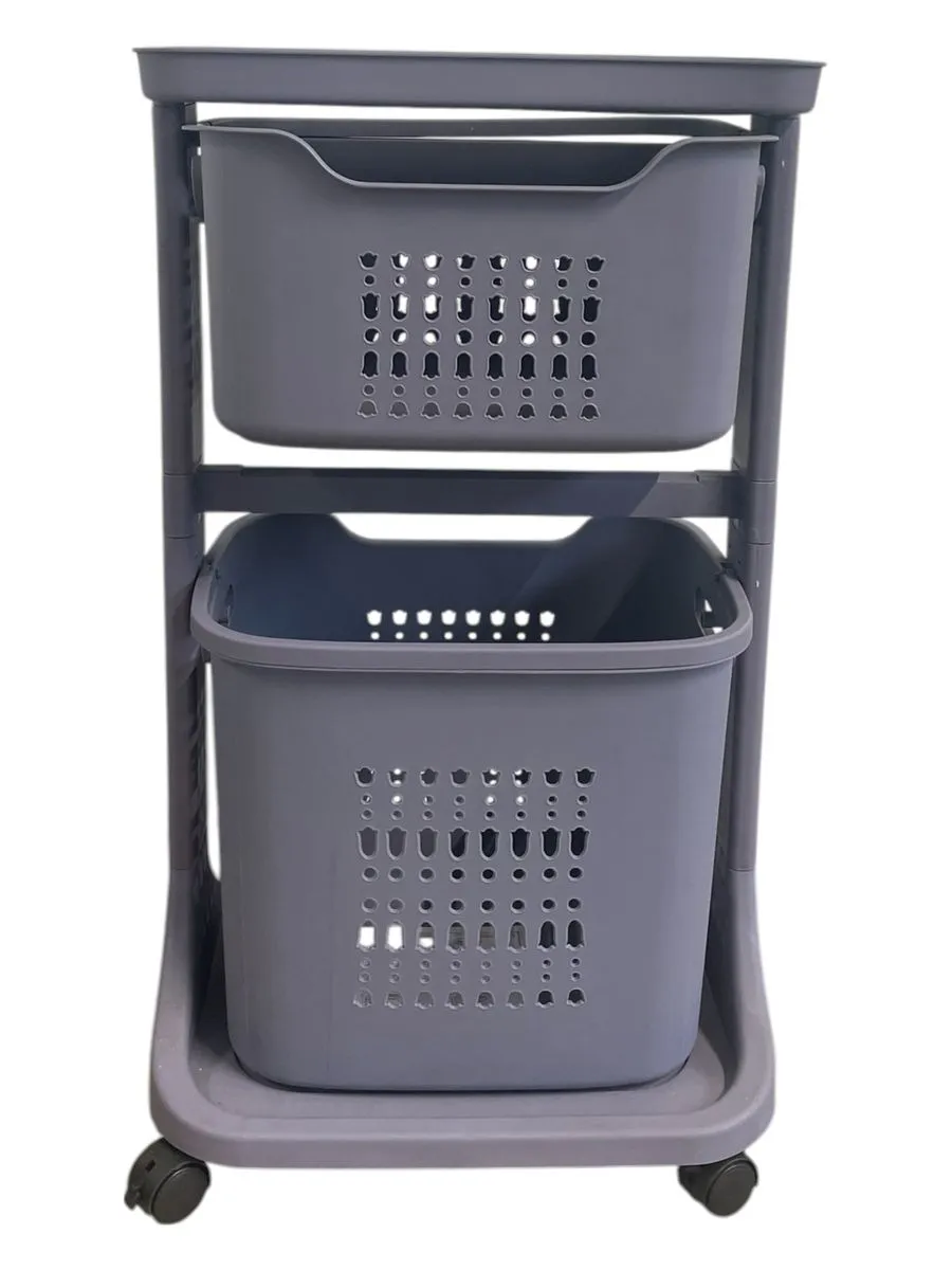 2 Tier Laundry Basket with Tray - White, Grey or Red - Grey