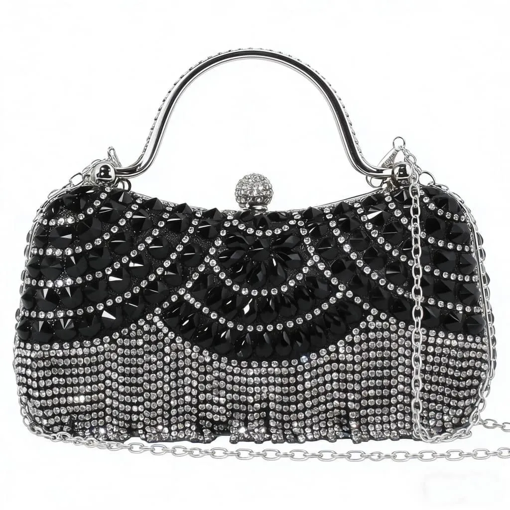 Rhinestones Tassel Clutch Diamonds Beaded Metal Evening Bags - Black