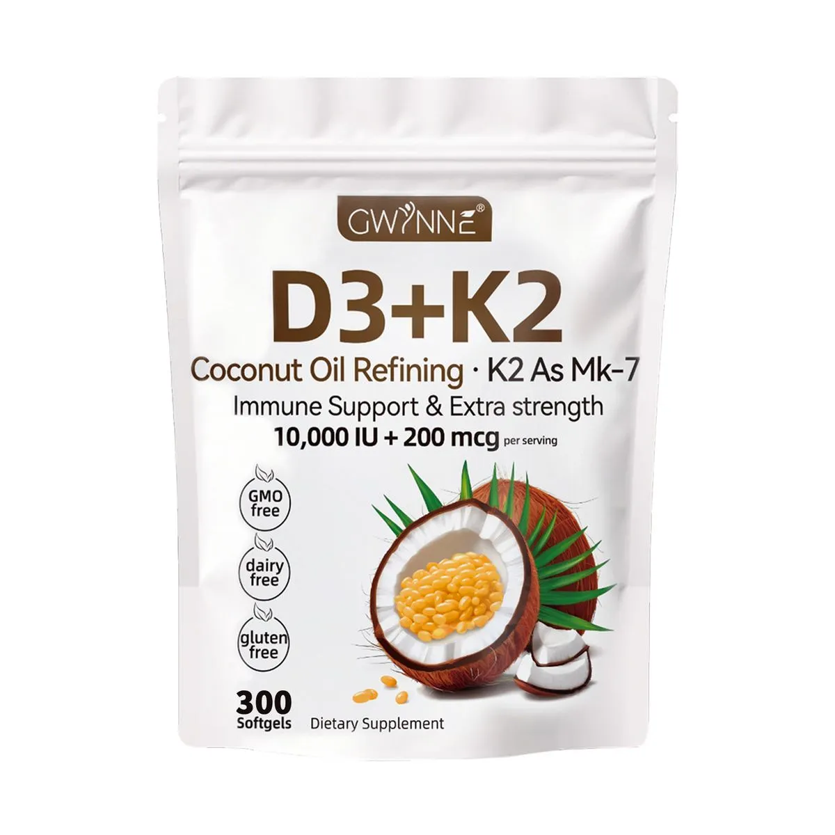 GWYNNE D3 + K2 (MK-7) Coconut Oil Softgels 300 Count
