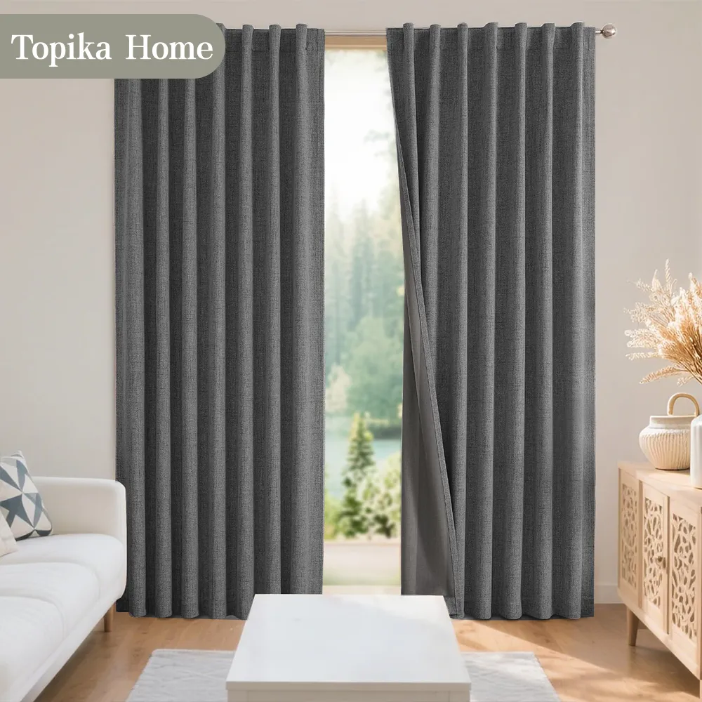 Topika - 2Pack 100% Blackout Linen Eyelet Curtains for Bedroom &Living Room - Dark Grey-140x220cm