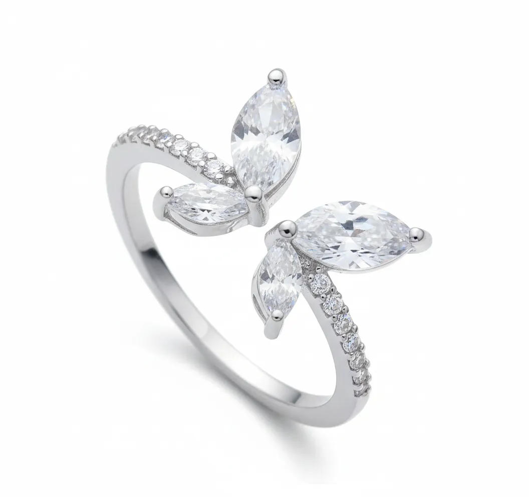 GQactive - Silver-Tone Butterfly Promise Ring with Clear or Blush Pink - Silver, Transparent