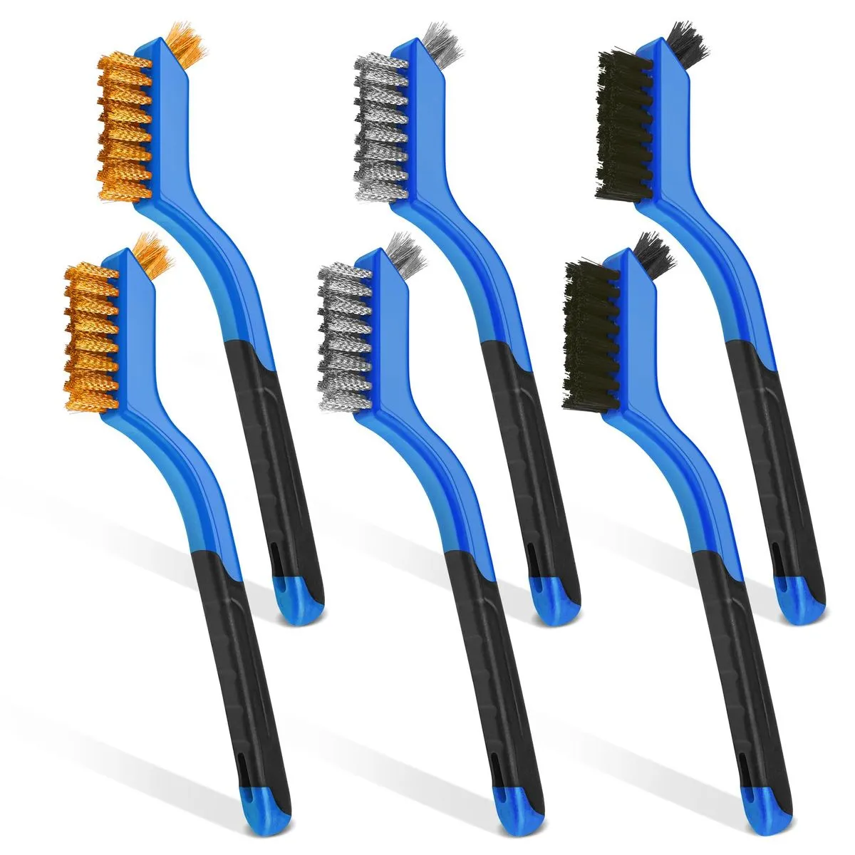 Wire Brush Set Brass/Steel/Nylon Curved Grip for Rust/Dirt/Paint - 6 Piece - Blue