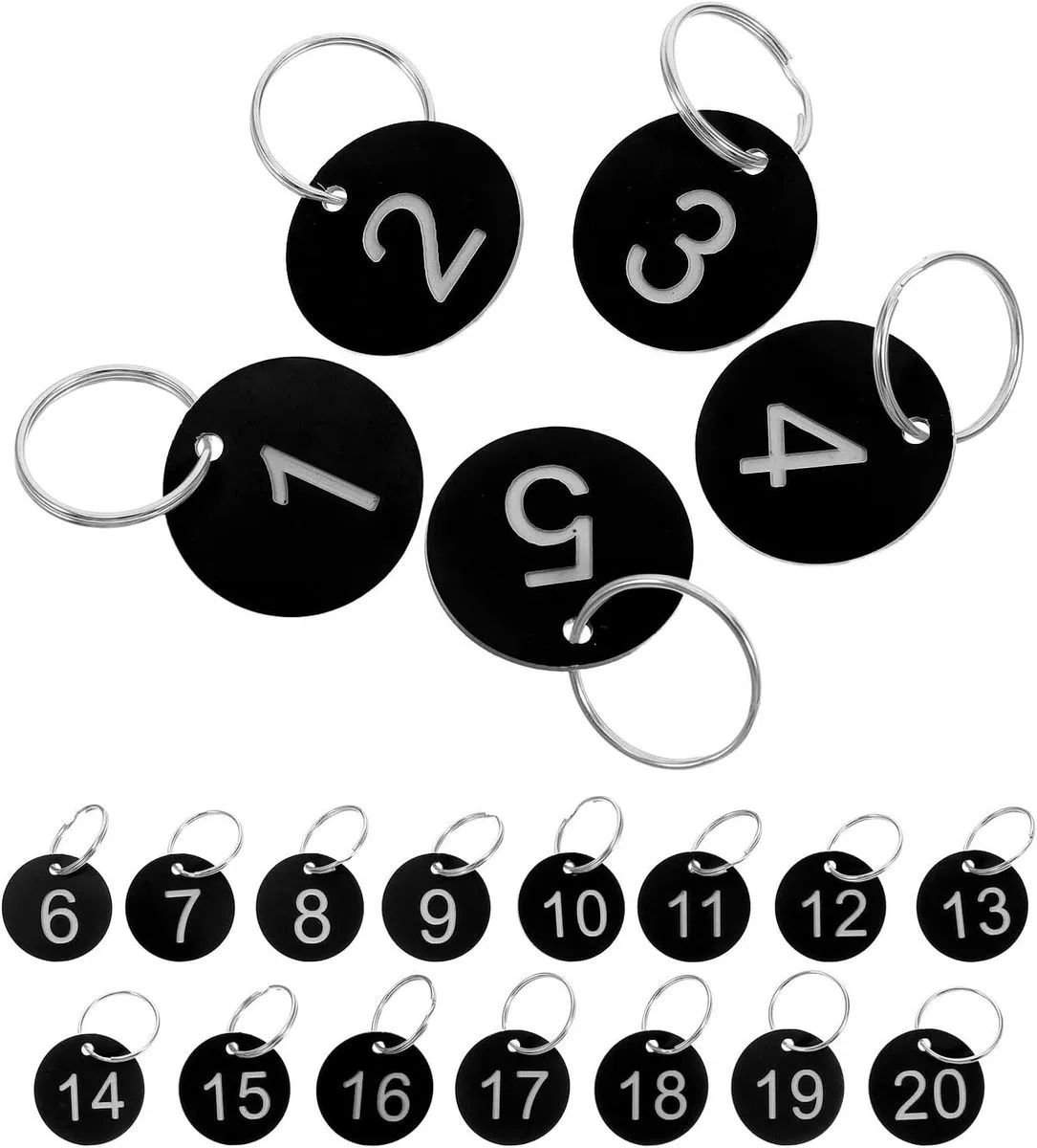 Numbered Plastic Key Tags with 1-20 Labels and Metal Rings, Identification