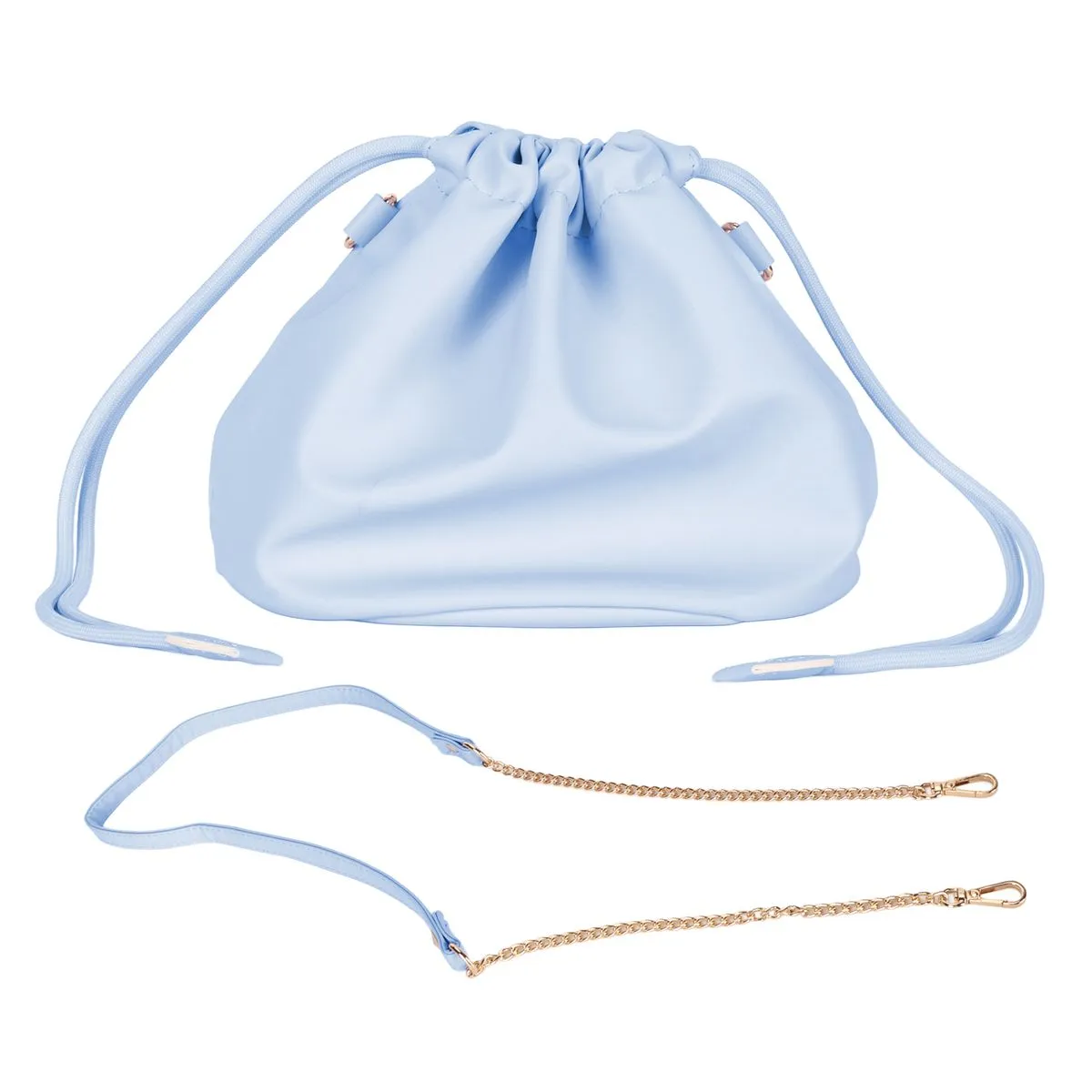 Blue drawstring pouch with strap