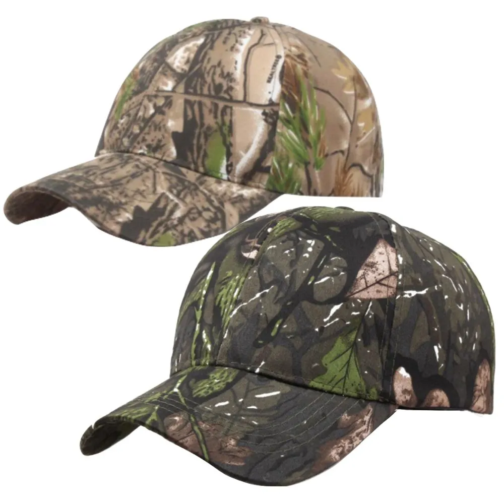 Camping Fishing Hunting Camo Baseball Style Cap Set of 2 - Green / Brown
