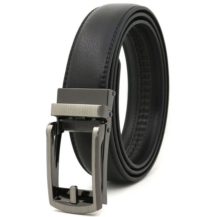 Belts For Men - Genuine Leather Auto Click Pin Buckle - Adjustable Length - Black