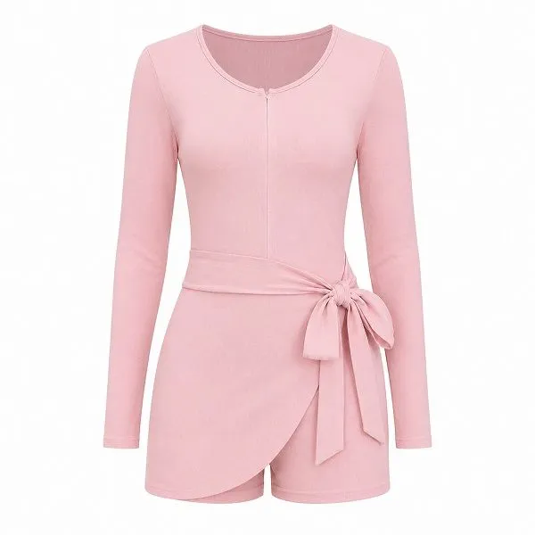 Women's Ribbed Knit Wrap Front Lounge Romper - Pink Large