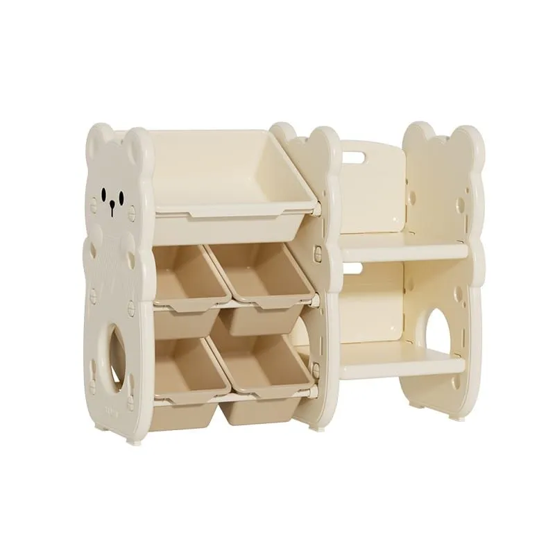 Kids' Cute Bear Design Storage Cabinet Organisers - 5 Bins and 2 Shelves - Milk Coffee