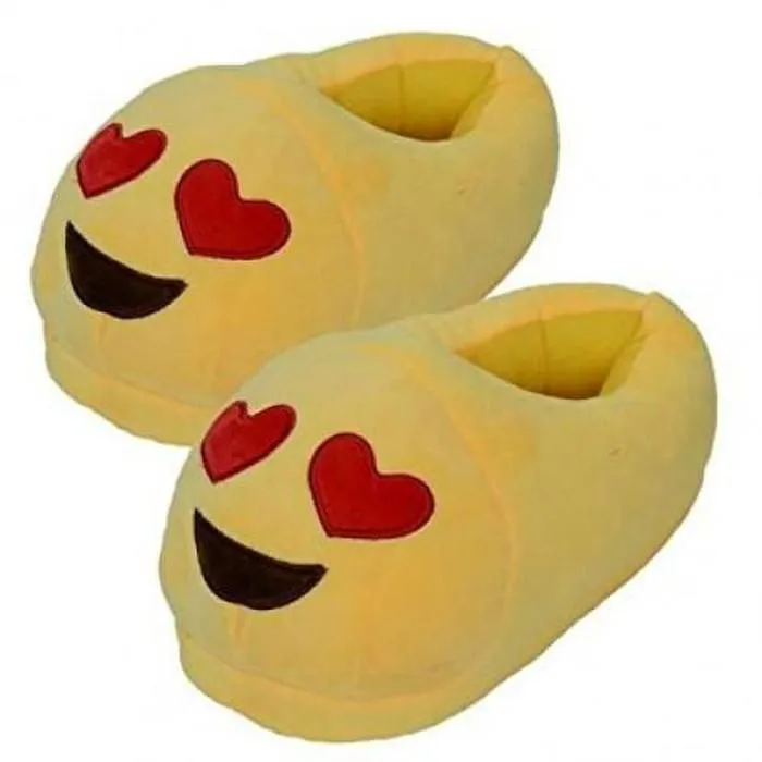 Soft Plush Emoji Slippers - Yellow Slippers with Heart