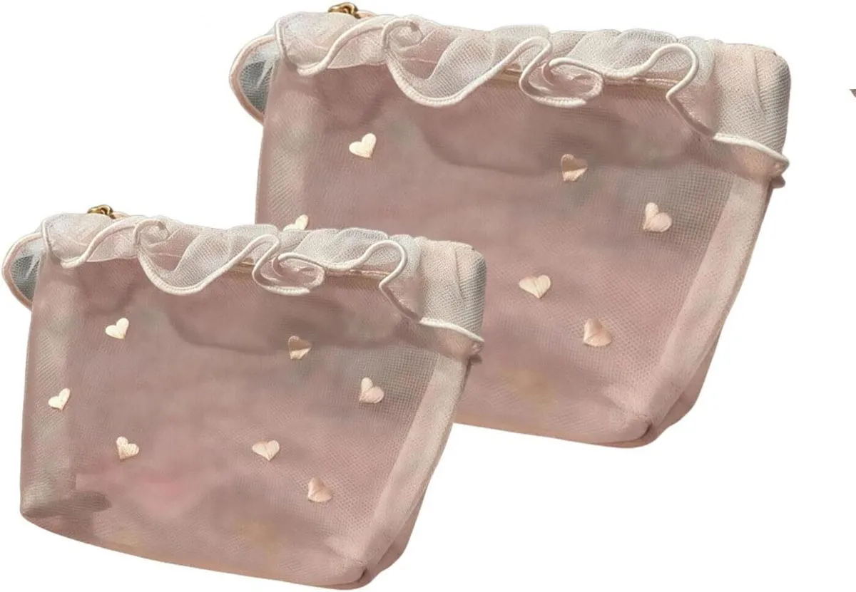 2-Piece Heart-Pattern Sheer Mesh Makeup Bag Set