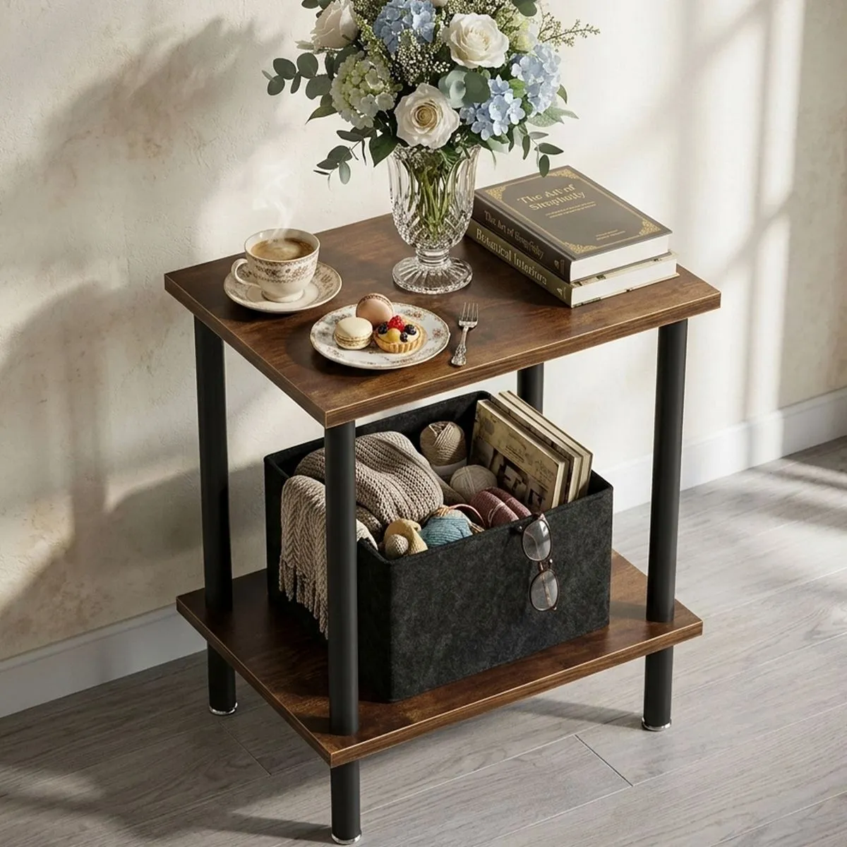 Side Table Open Shelves End Table Adjustable Nightstand Easy Assembly Table