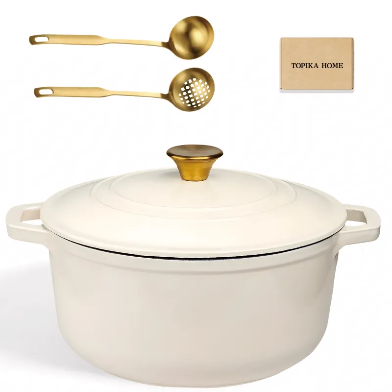 Topika Cast Iron Pot with Lid 24/22cm 4.5L/3.2L Enameled non stick pot sets - cream white-22cm