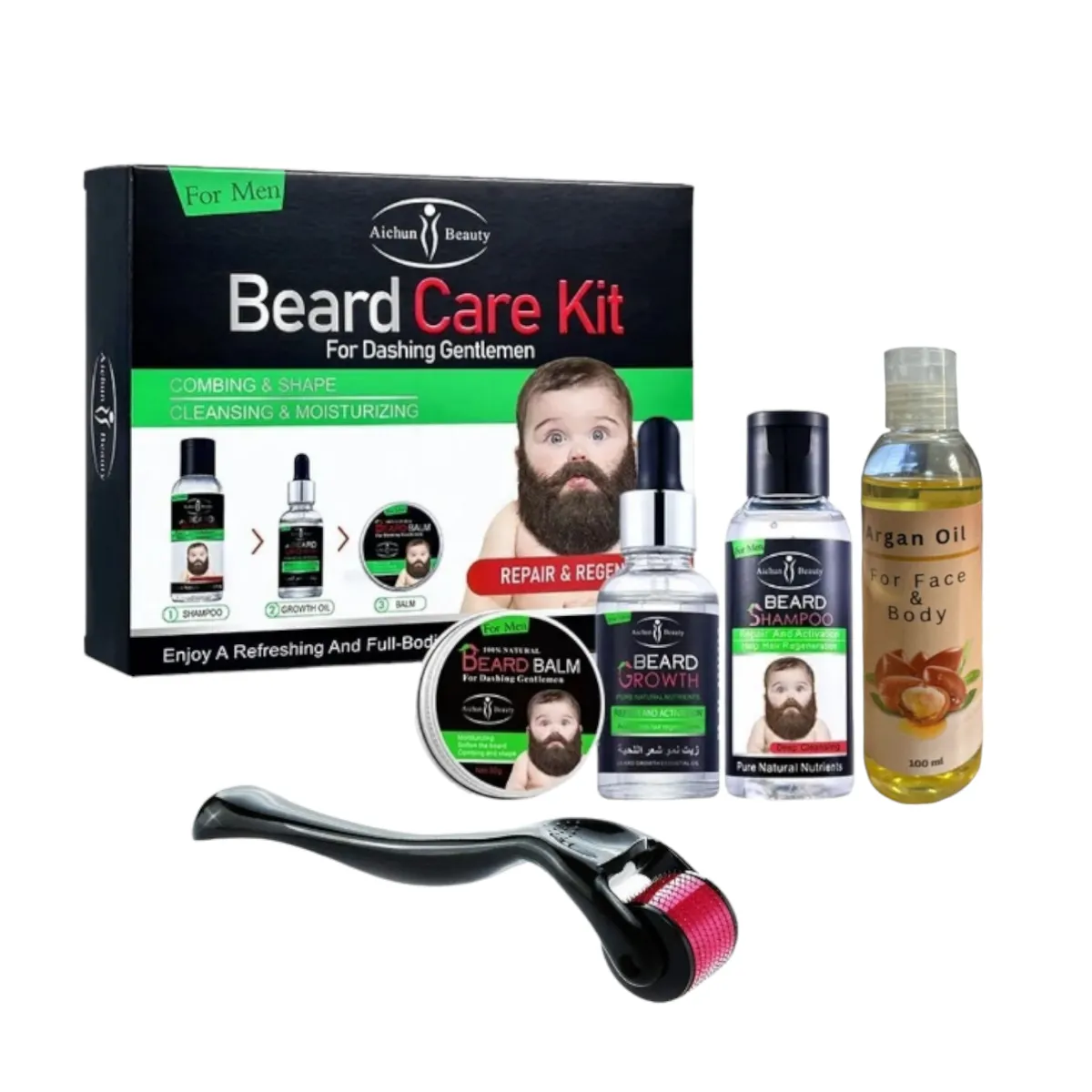 Aichun Beauty Beard Care Products And Derma Roller With Argan Oil