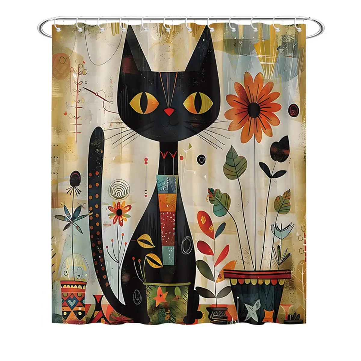 Black Cat Shower Curtain 70Wx78H Inches with 12 Hooks Bathroom Home Decor