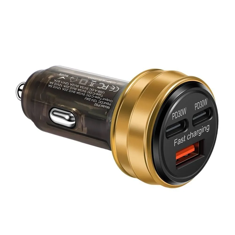 Gold 150W Car Charger 2PD+USB Super Fast 3-Port