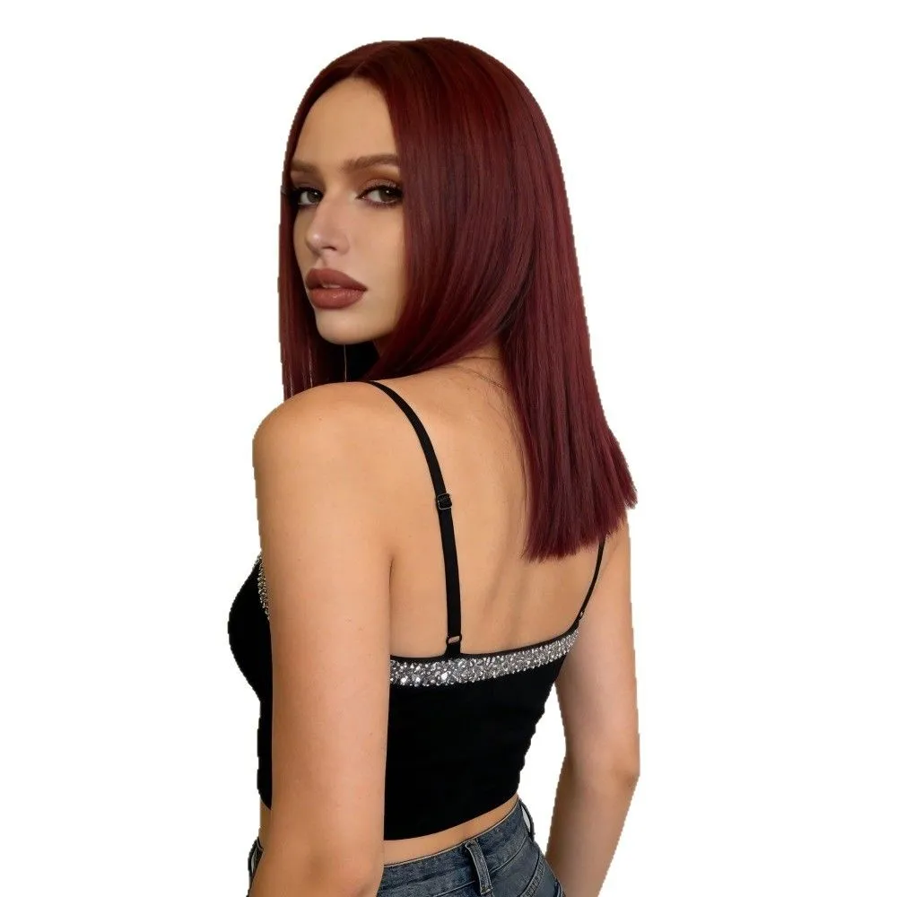 16 Inch Women's Wig Burgundy Middle Part Long Straight Hair