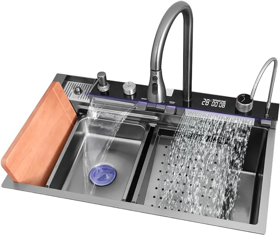 Multifunctional LED Modern Kitchen Sink Waterfall Push Button Temp Control