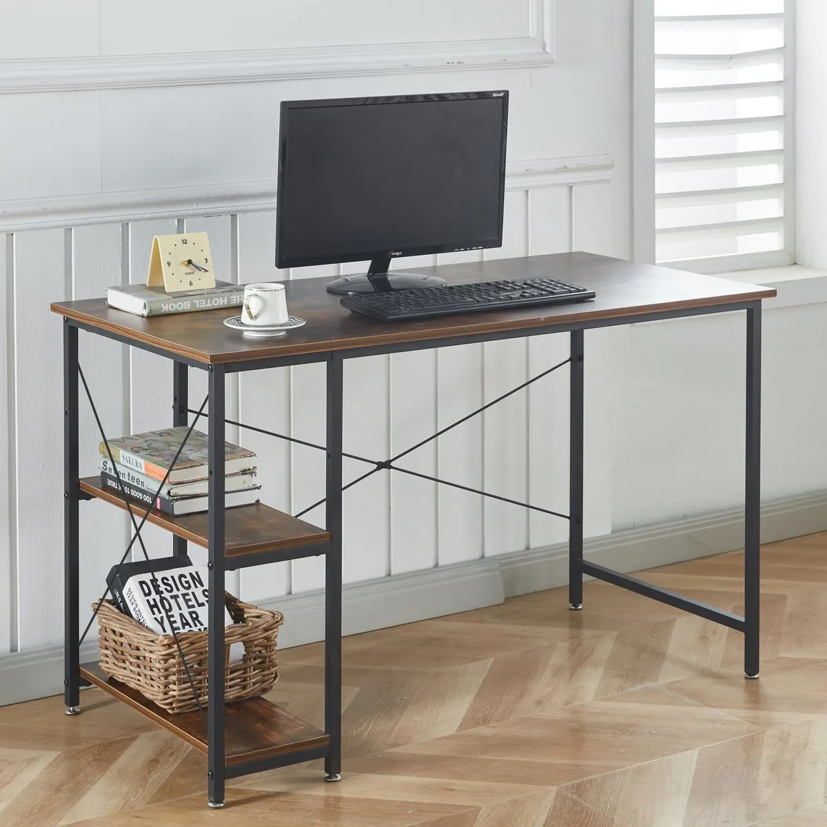 Computer Desk Study Table Office Workstation Gaming Desk with 2 Shelves - Berlin Rustic