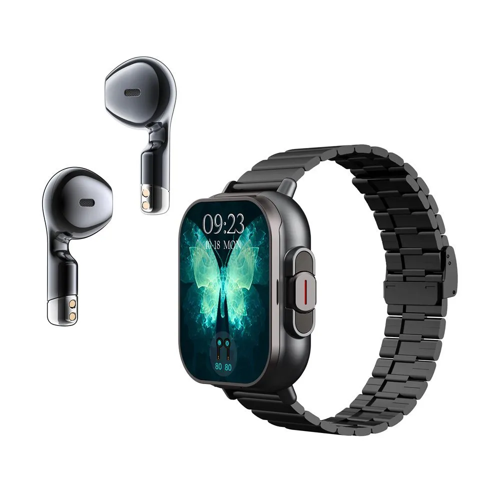 2 in 1 Smart Watch with Wireless Earbuds Business Fitness Tracker - Black Steel