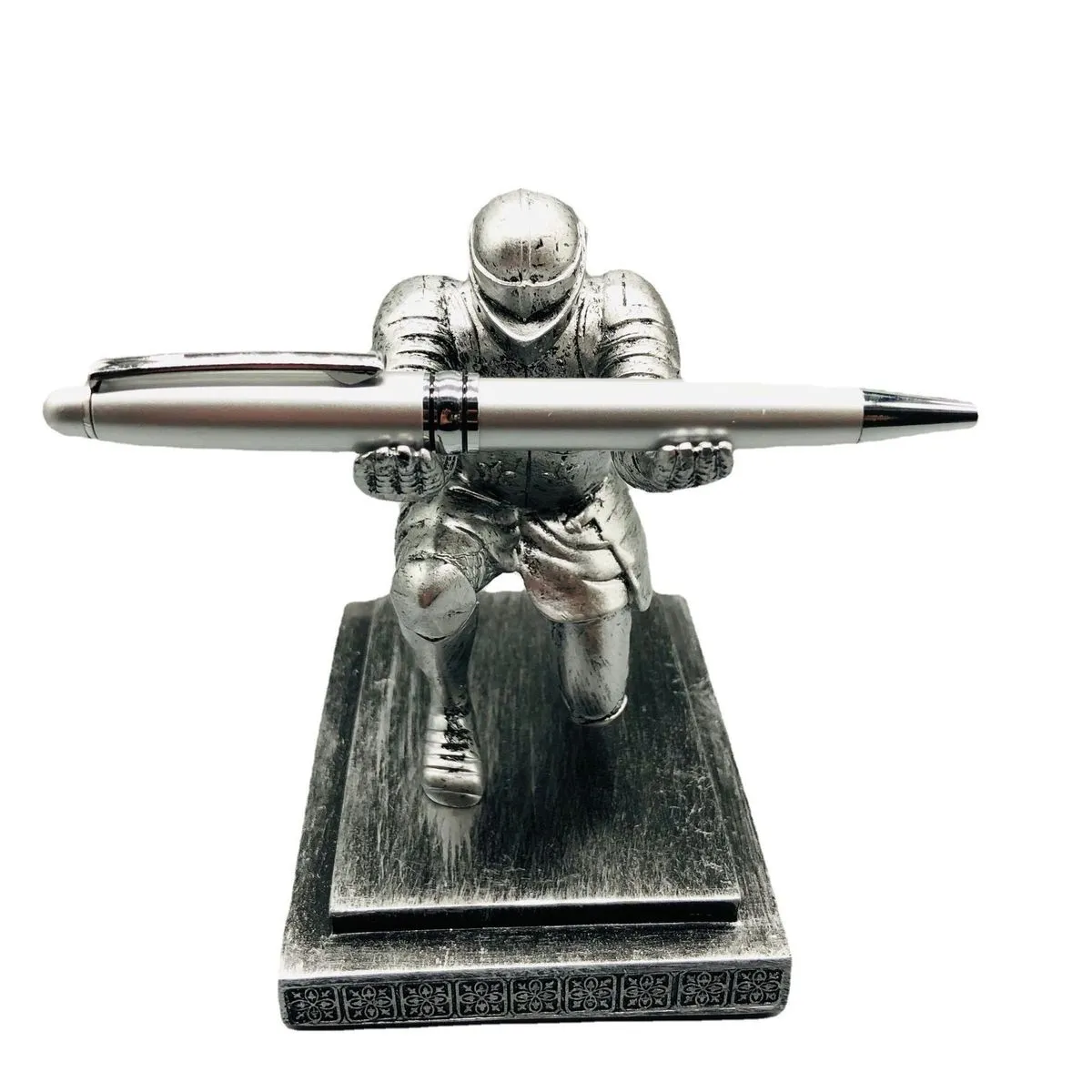 Silver Kneeling Knight in Armor Pen Holder -Desktop Ornament for Stationery