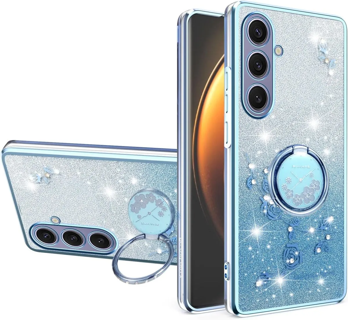 Bling Sparkle Flowers Phone Case Compatible With Samsung Galaxy S24 Plus - Blue
