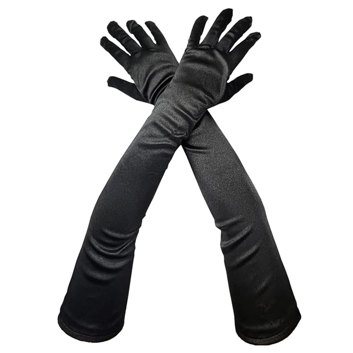 Ladies Satin Gloves Nylon Satin Gloves Retro Ball Performance Long Gloves - Black