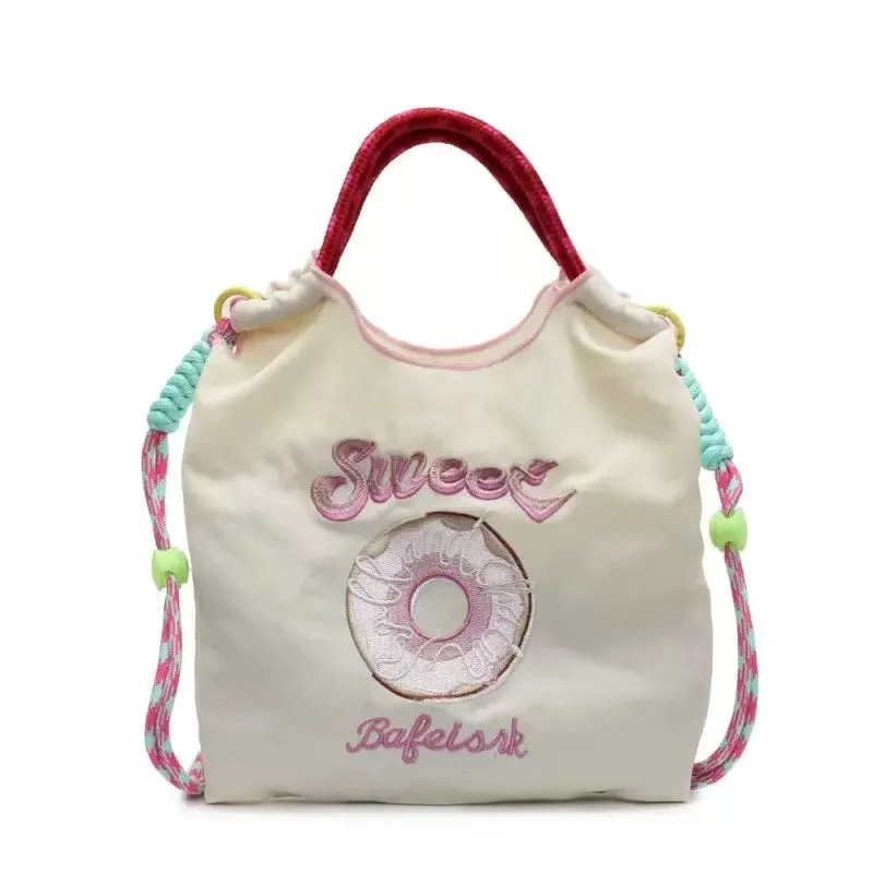 Nylon Embroidered Donut White Cute Commuter Bag Crossbody Handbag