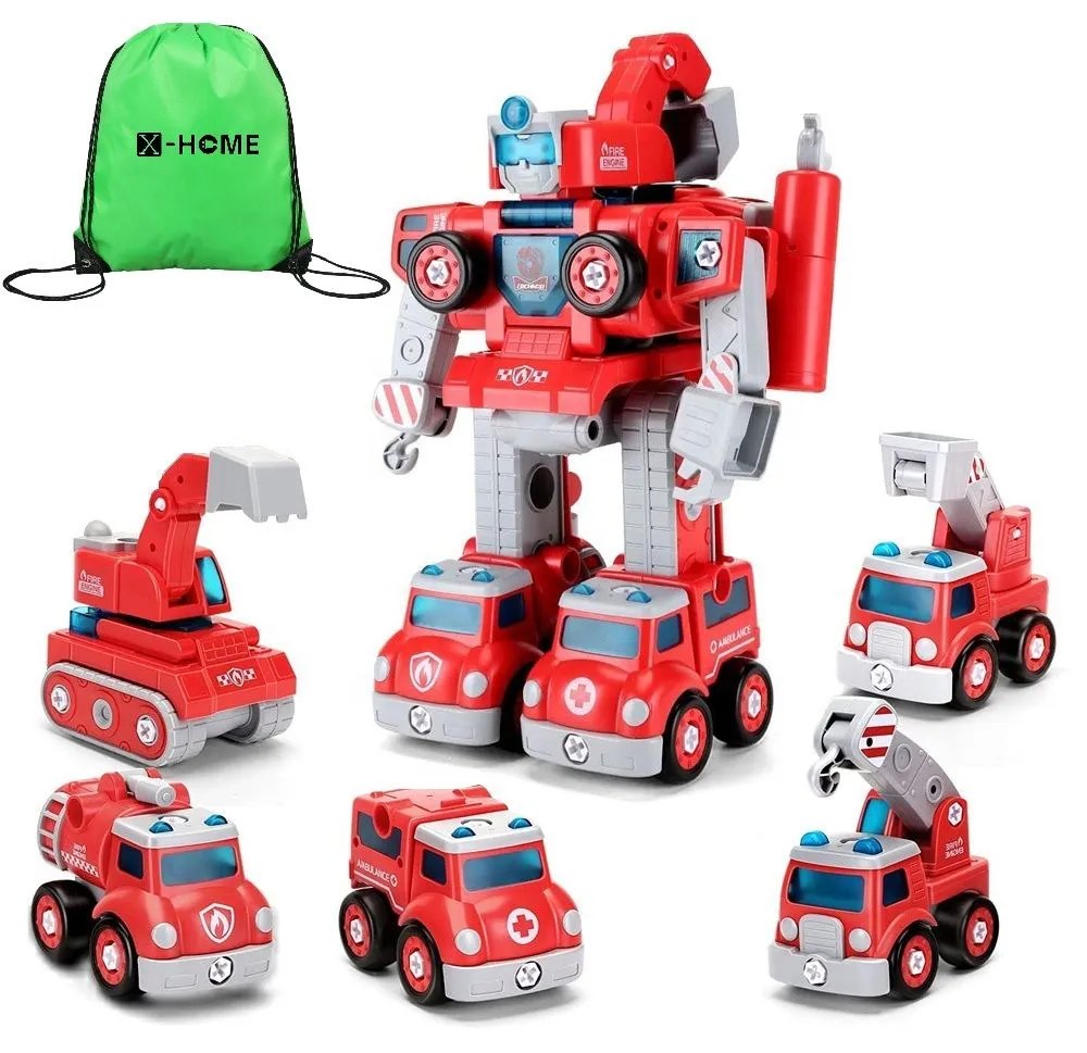 X-HOME Kids Toy Build-a-Robot Fire & Rescue Vehicles - 5 in 1 & Fun Bag