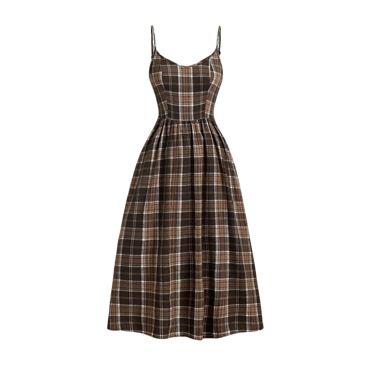 Women's Plaid Strap Vintage Midi Dress - Sleeveless A-Line Casual Dress