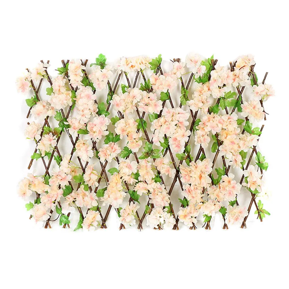 110cm Wooden Hedge with Artificial Flower Fence Screen Expanding Trellis - Champagne
