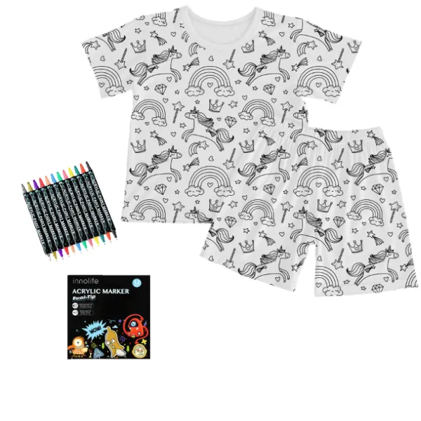 Kids Unicorn Pyjama Set Sleepwear with Fabric Markers