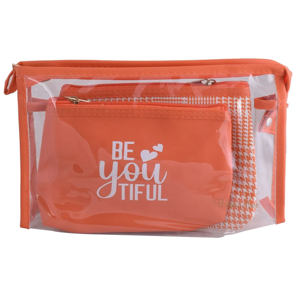 Urban Muse Be-you-tiful 3-Piece Cosmetic Bag Set - Transparent - Orange & White