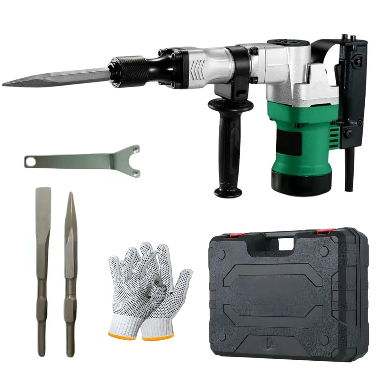 1700W Green Demolition Jack Hammer Concrete Breaker, Case, Chisels & Gloves