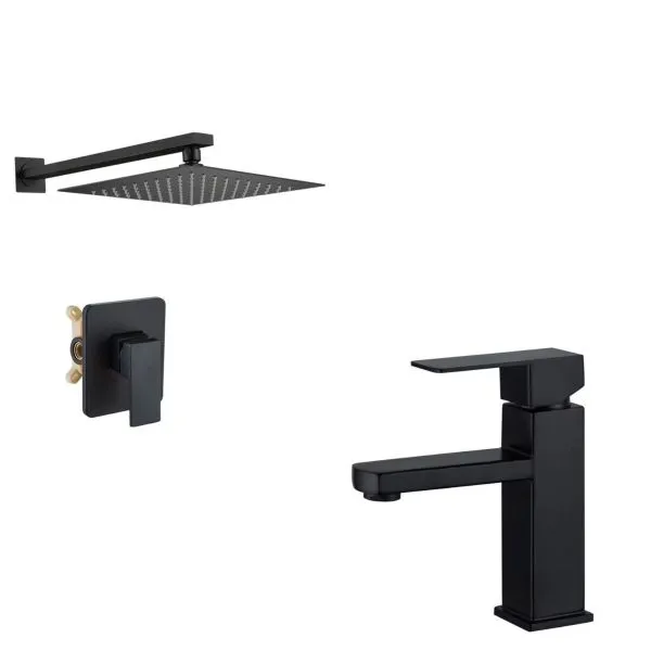 Rainbow House 20cm Square Style Shower Set With Basin Mixer - Black