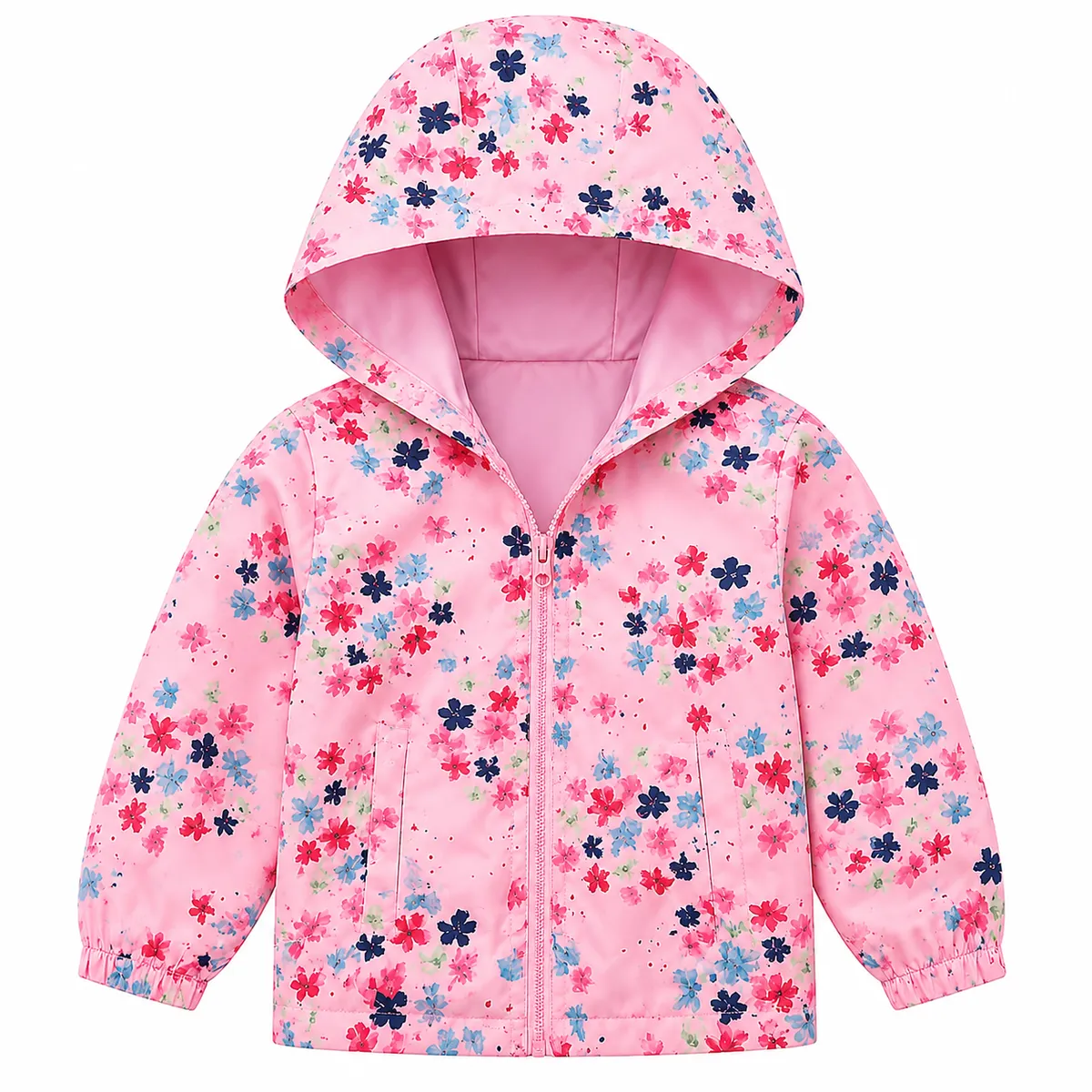 Girls Waterproof Windbreaker Jacket - Pink Snowflake Flowers