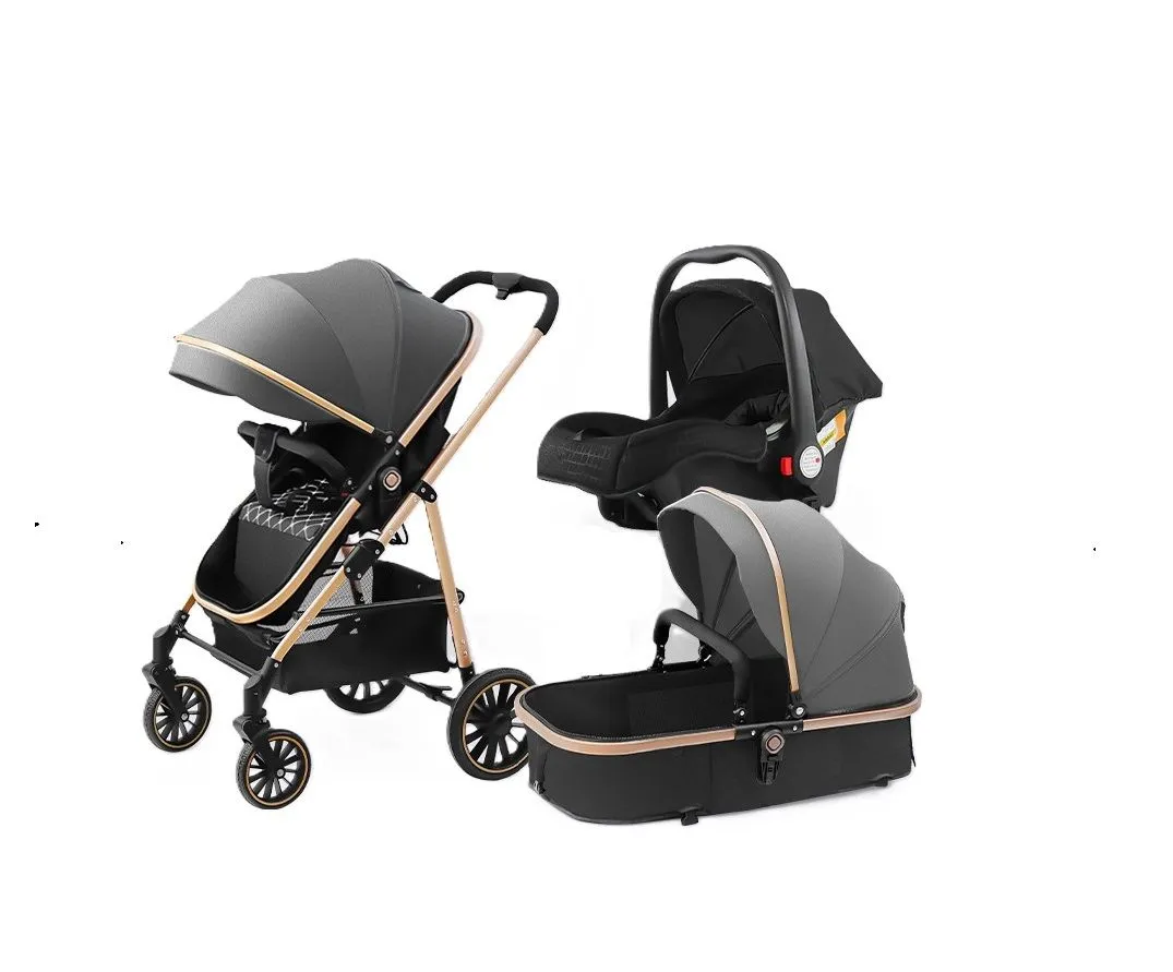 3A Lux Multi-functional 3 in 1 Baby Stroller - Grey, Gold