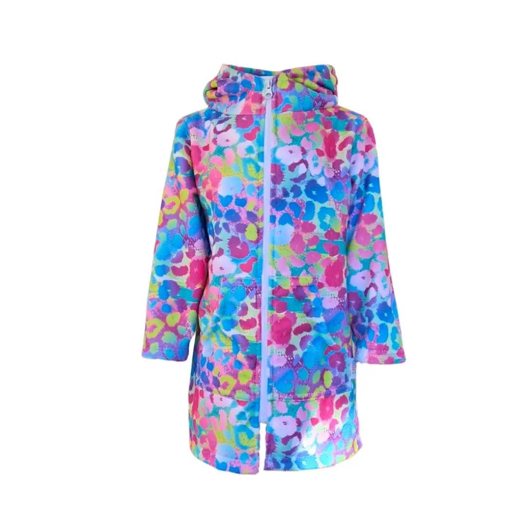 Kids Hooded Beach Towel, Full Zip, Long Sleeves Leopard Print