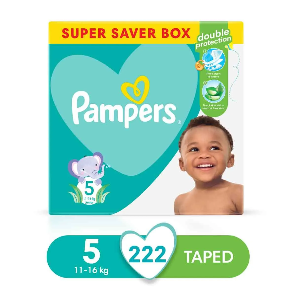 Pampers Baby Dry - Size 5, Super Saver Box-222 Nappies, Lotion with Aloe