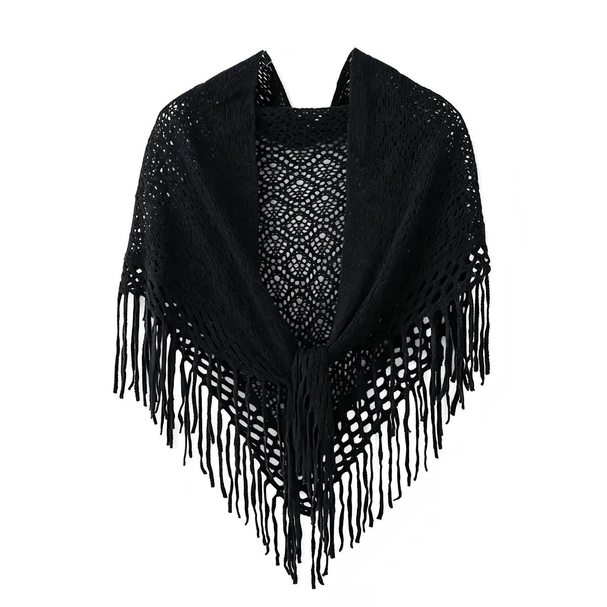 Soft Knitted Fringe Shawl Scarf Casual Fashion Outerwear Accessory - Black