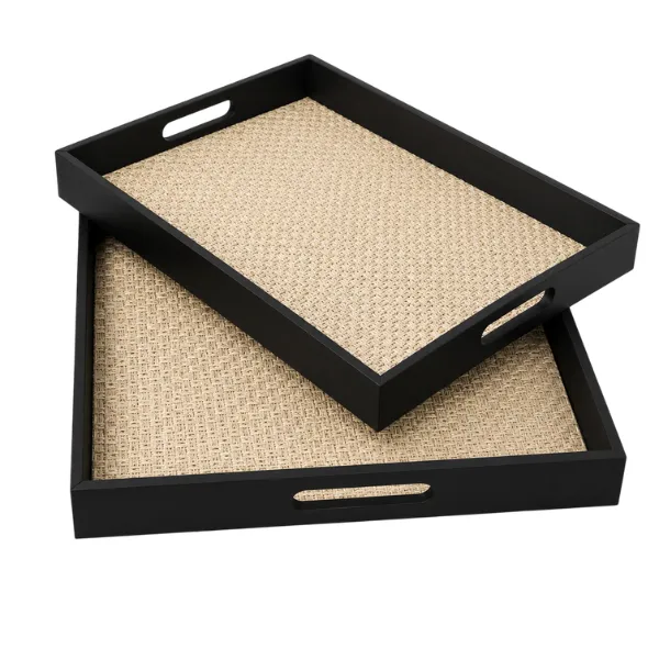 Decorative Rectangular Serving Tray Set with Woven Base