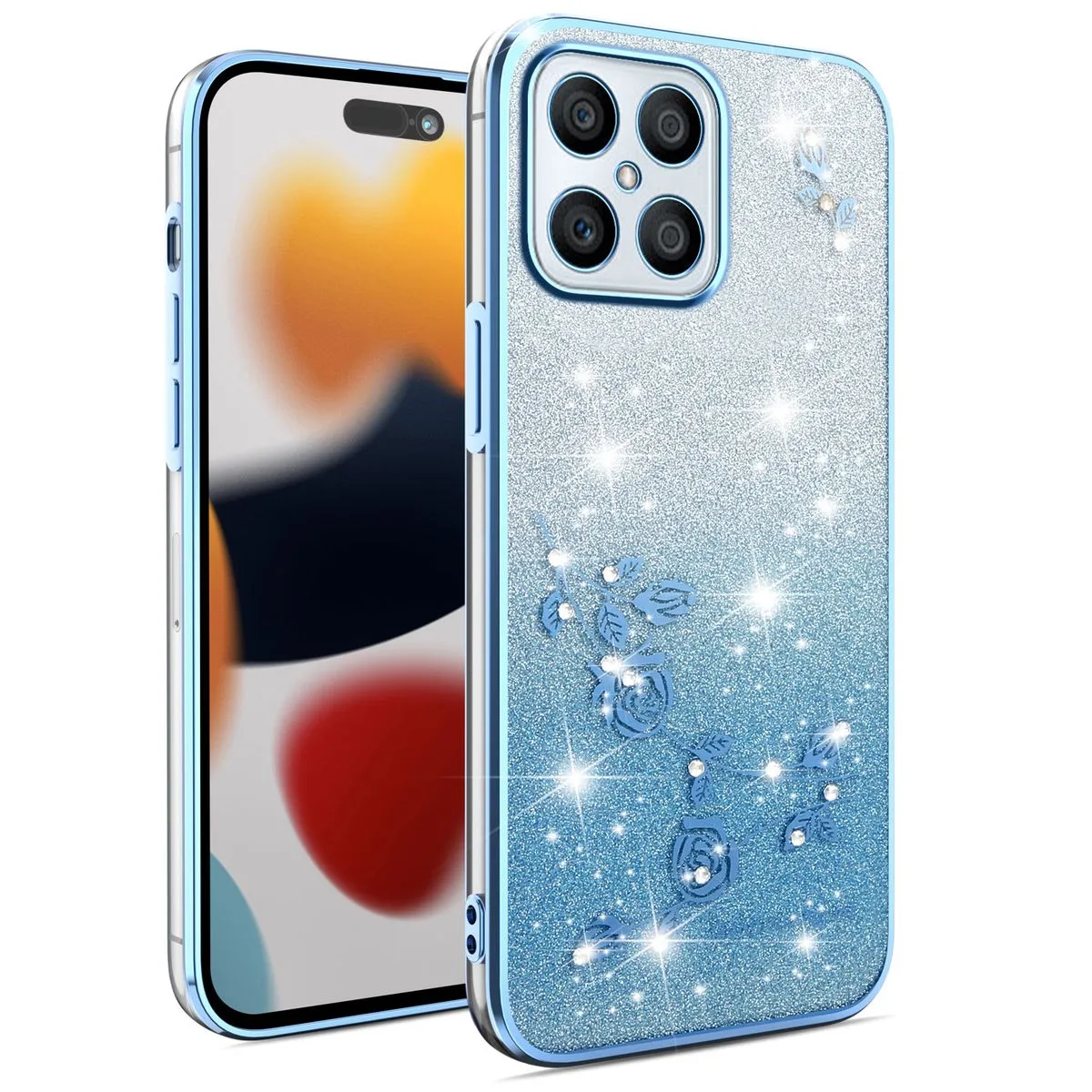 Phone Case Compatible With Honor X8 4G Flowers Diamond Shining Cover - Blue