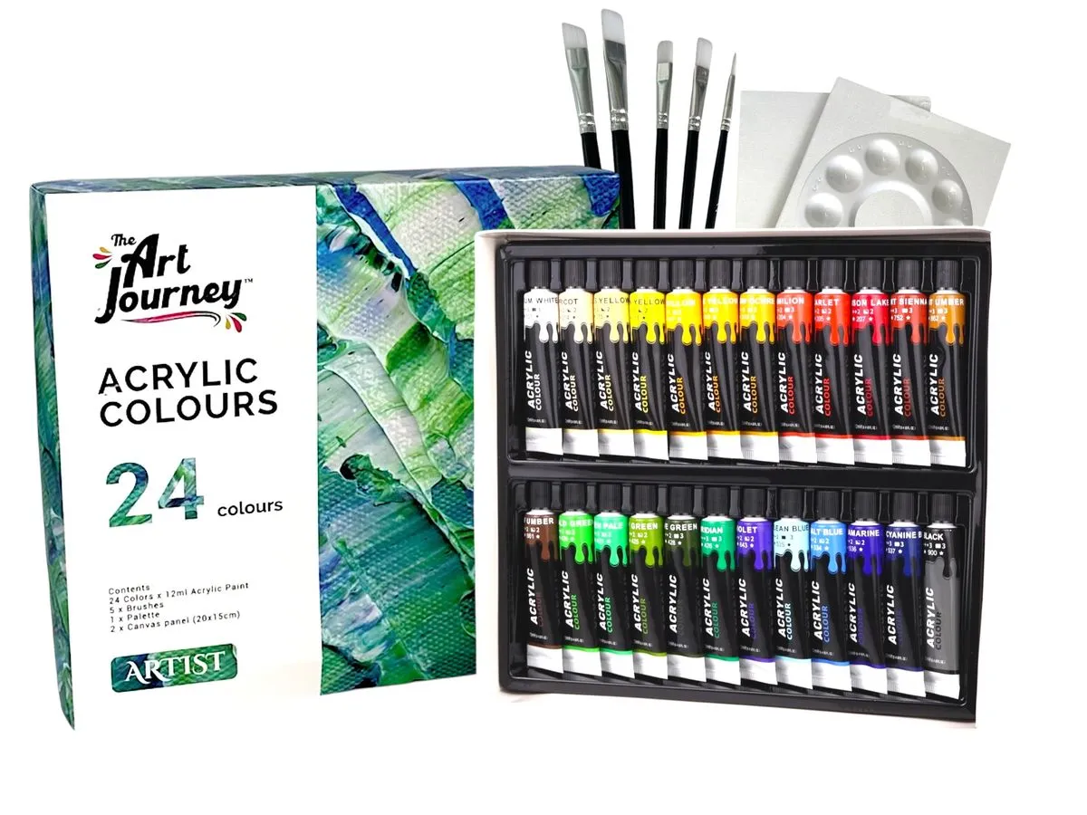 The Art Journey 24-Color Acrylic Paint -5 Brushes, 2 Canvas ,1 Palette Set