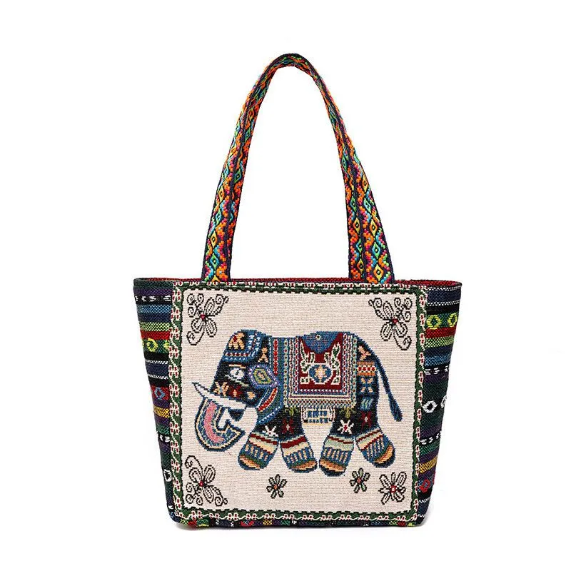 Canvas Convenience Tote Bag with Elephant Embroidery Pattern 01 Style