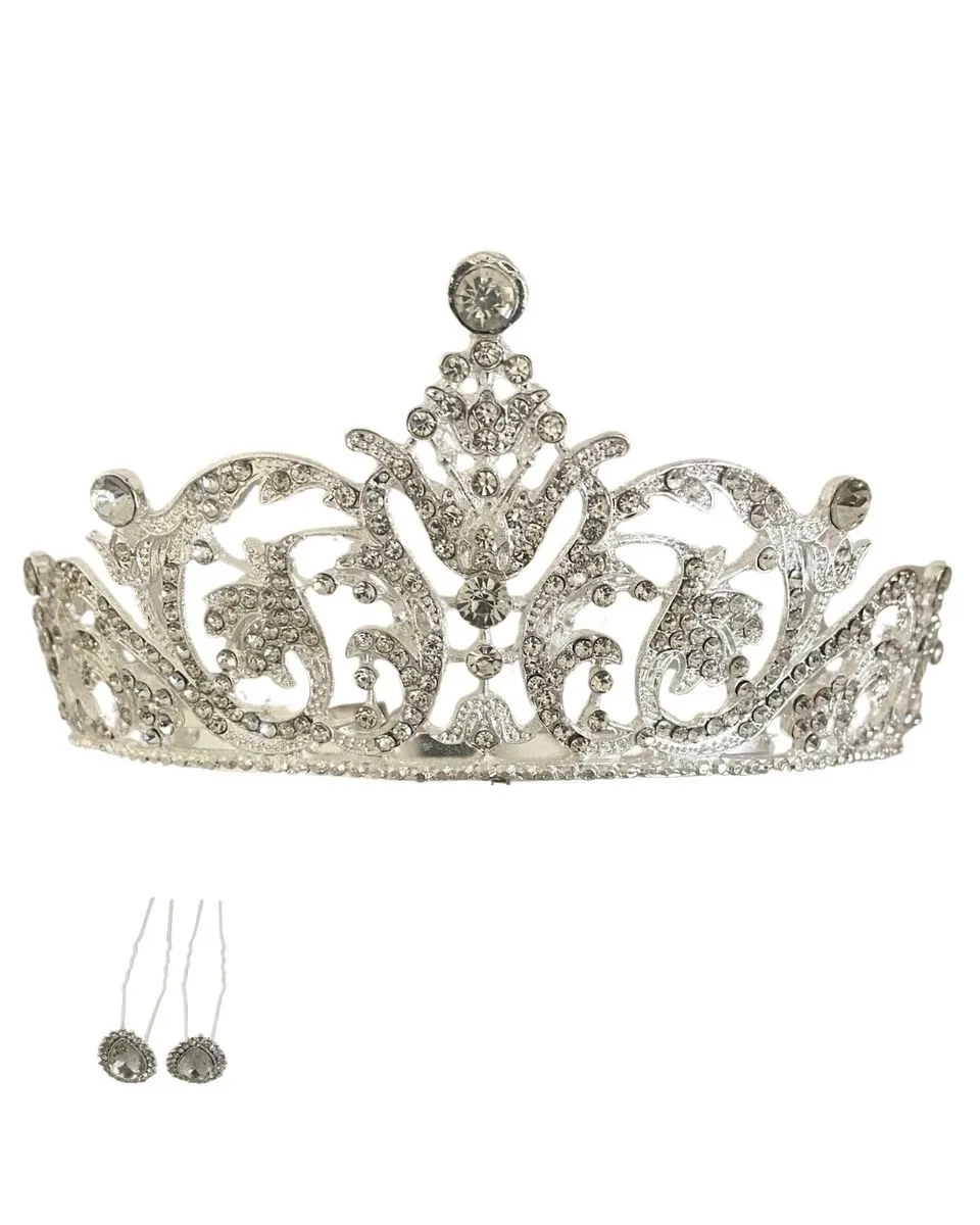 Rhinestone Crystal Tiara With 2 Rhinestone Hair Pins (05) - Silver