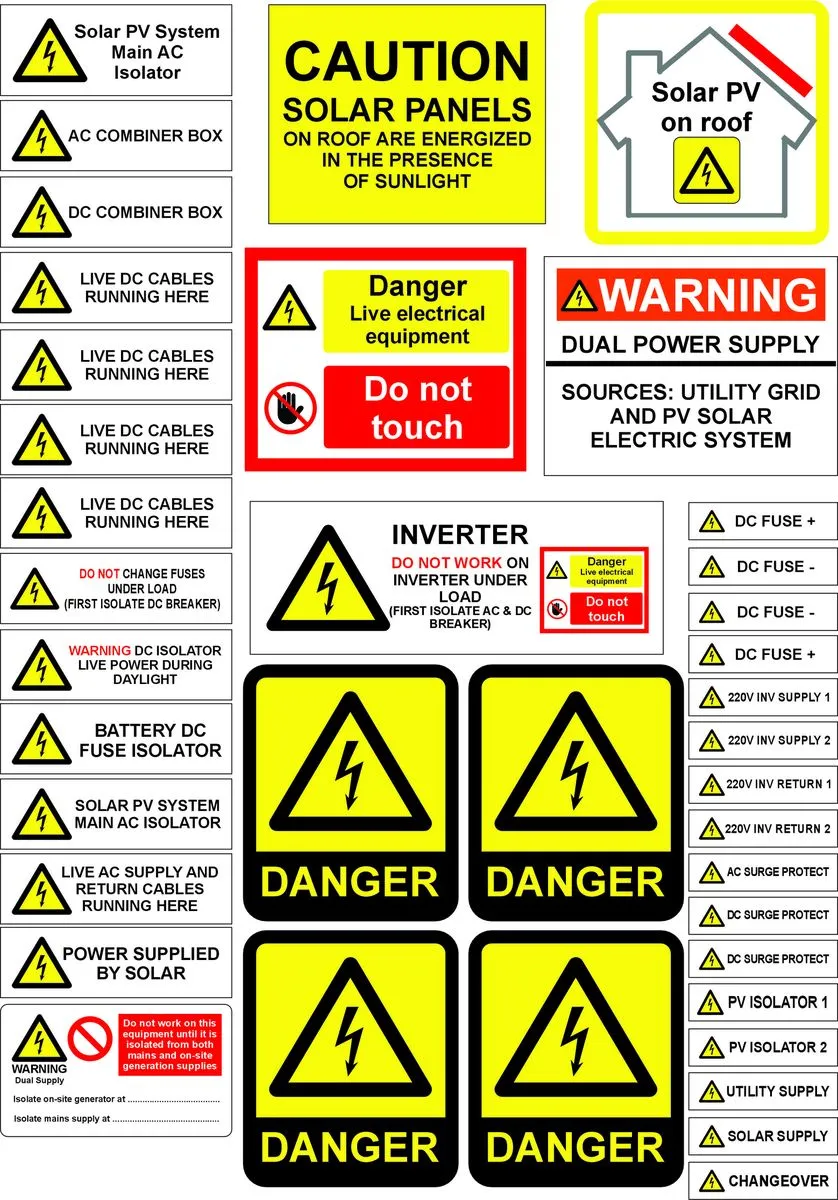 PV Stickers and Warning Labels 2 X A4 Sets
