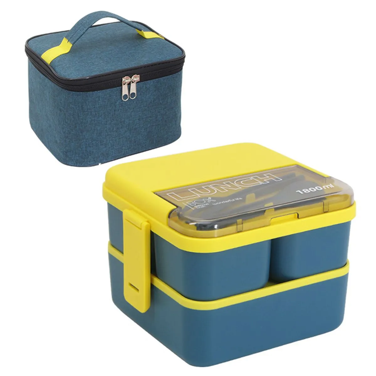 Double Layer Bento Box Food Container With Insulation Bag, 1800ml Lunch Box - Blue