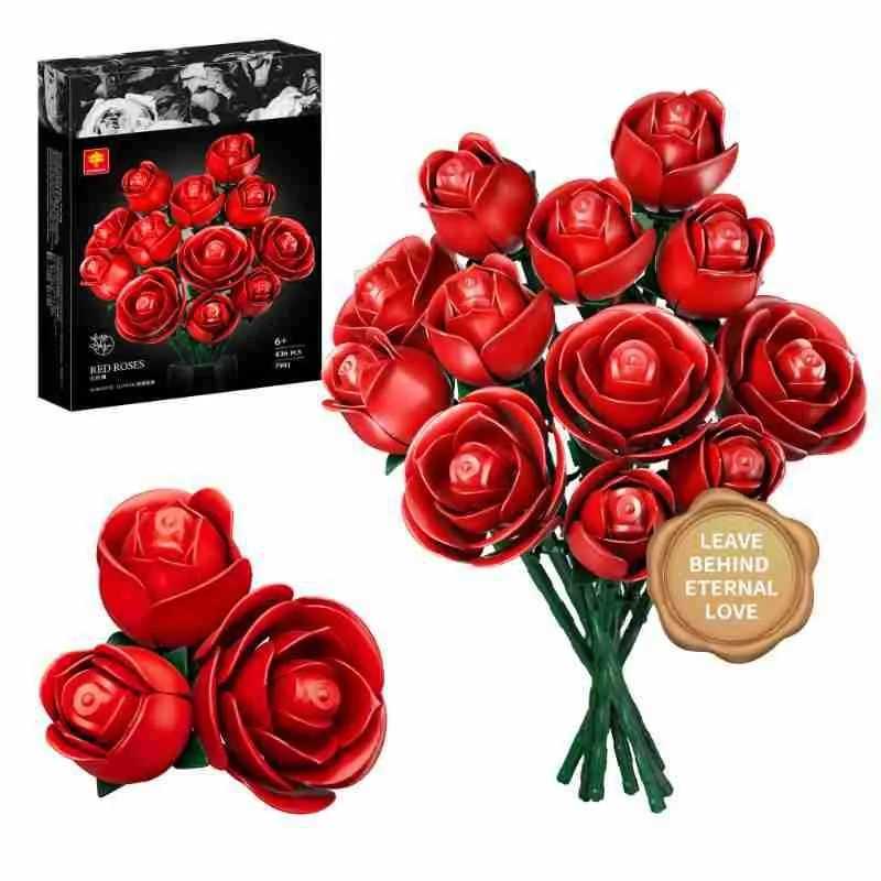 Red Rose Building Block Bouquet Set with 3 Bloom Shapes,