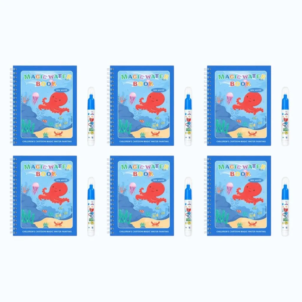 6 Pack - Reusable Water Colouring Activity Book With Magic Pen - Blue