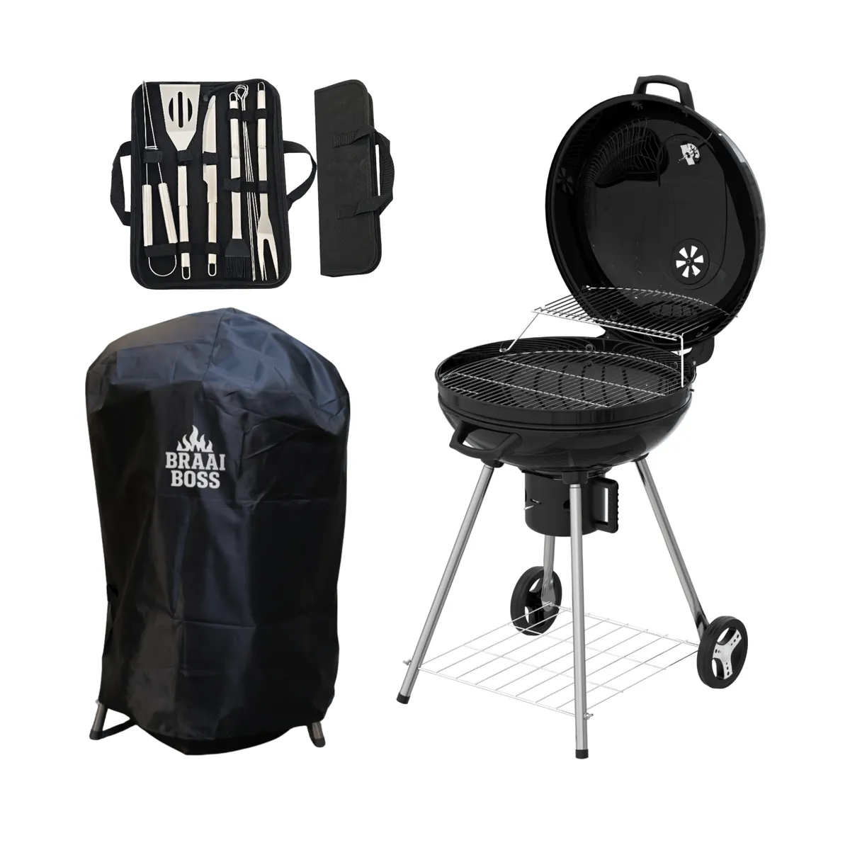 BraaiBoss 57cm Charcoal Kettle Braai - Hinged Lid, Cover & Braai Tool Set